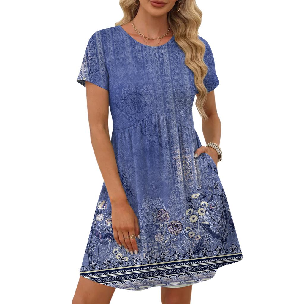 Robes pour femmes à manches courtes et col rond, robes décontractées, robe de maternité taille haute avec poches