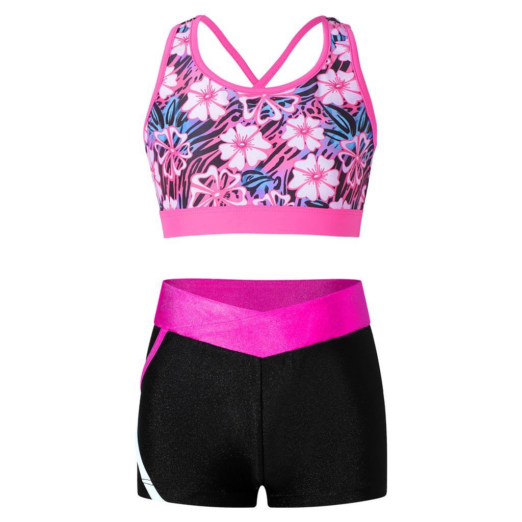 Completo Sportivo da Ragazza Senza Maniche Scollo a U Spalline Incrociate sulla Schiena Crop Top Stampato Pantaloncini a Vita Bassa Elastica