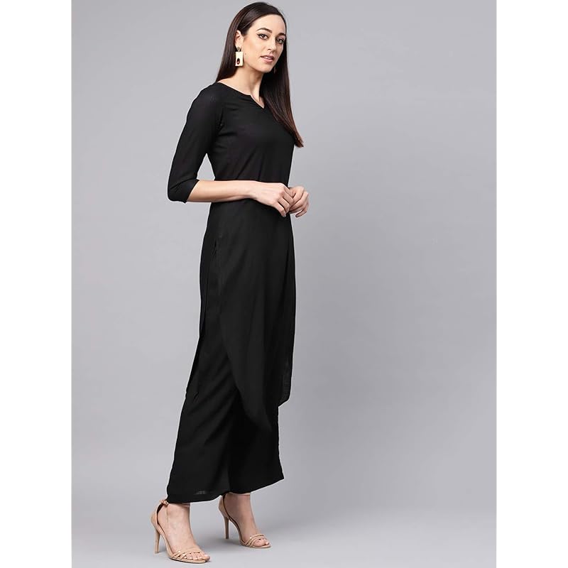 idaLia Rayon Solid Straight Black Kurta Set for Women 3/4 Sleeve, Round V Neck Designer Kurta with Palazzo Pant Set XL чёрный