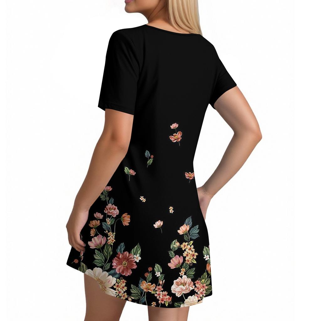 فستان صيفي نسائي كلاسيكي بطبعة زهور وأكمام قصيرة وربطة دائرية وجيب وفستان كاجوال