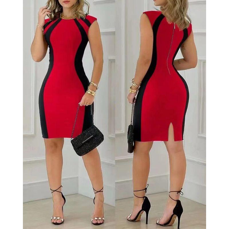 

2023 Summer New European and American Style Export Women s Clothing with Contrasting Colors, Sleeveless Round Neck, Zipper, Sexy Slim Fit Dress Red S