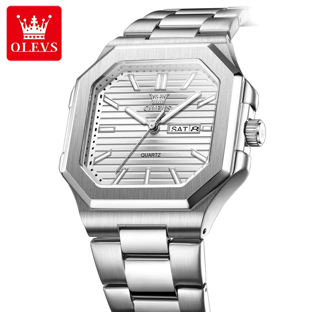 OLEVS Brand Original Square Quartz Watches Men's Classic Fashion Stainless Ssteel Waterproof Luminous Week Date Watch For Men