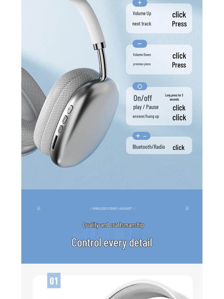 P9ProMax Bluetooth Over-Ear Headphones: Large Battery, Wireless, Noise-Canceling.
