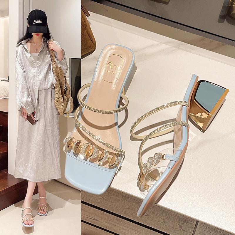 2025 New Women's Fashionable Rhinestone High-heeled Sandals Summer Women's Sexy Sandals Women's Leather Sandals Plus Size