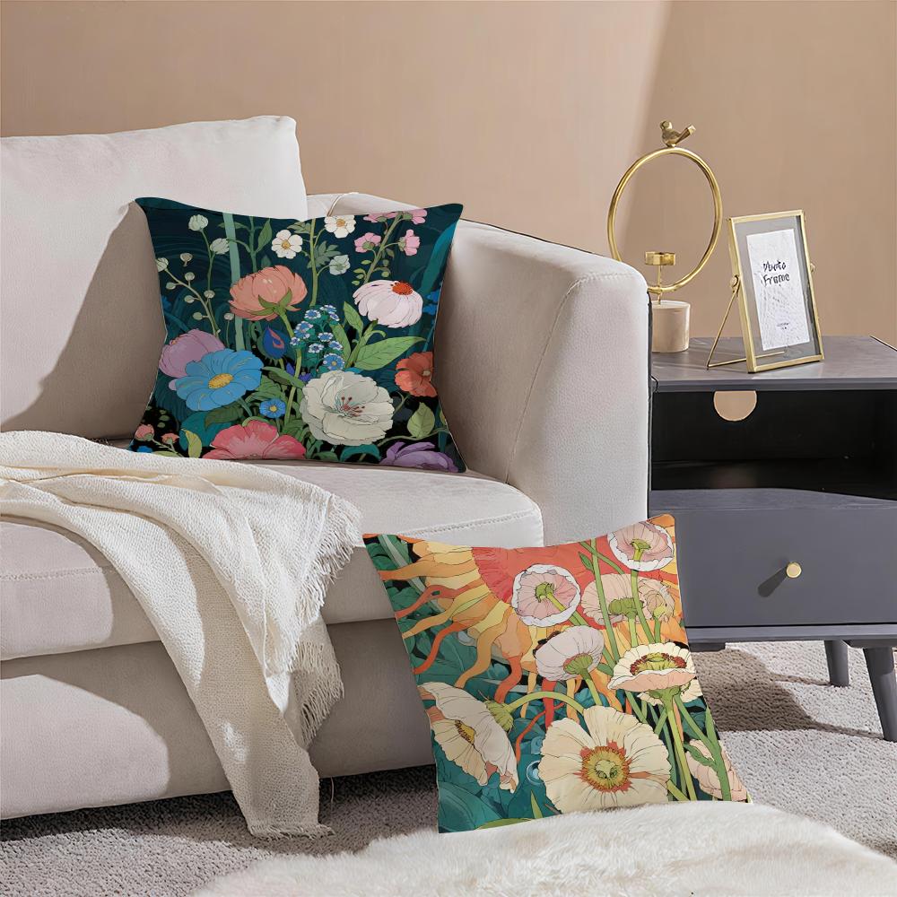 Painted Flowers Cushion Cover Throw Pillow Cover Hidden Button Durable Polyester Chair Cushion