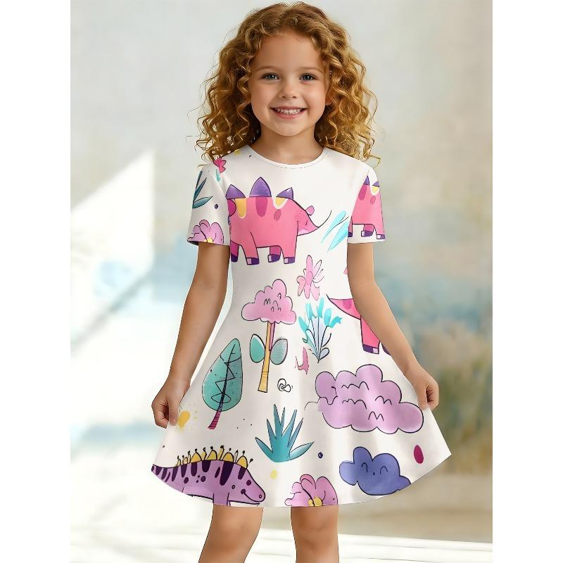 Little Girls Cute Cartoon Dinosaur Checker Number Bow Print Round Neck Short Sleeve A-Line Kids Summer Swing Dress