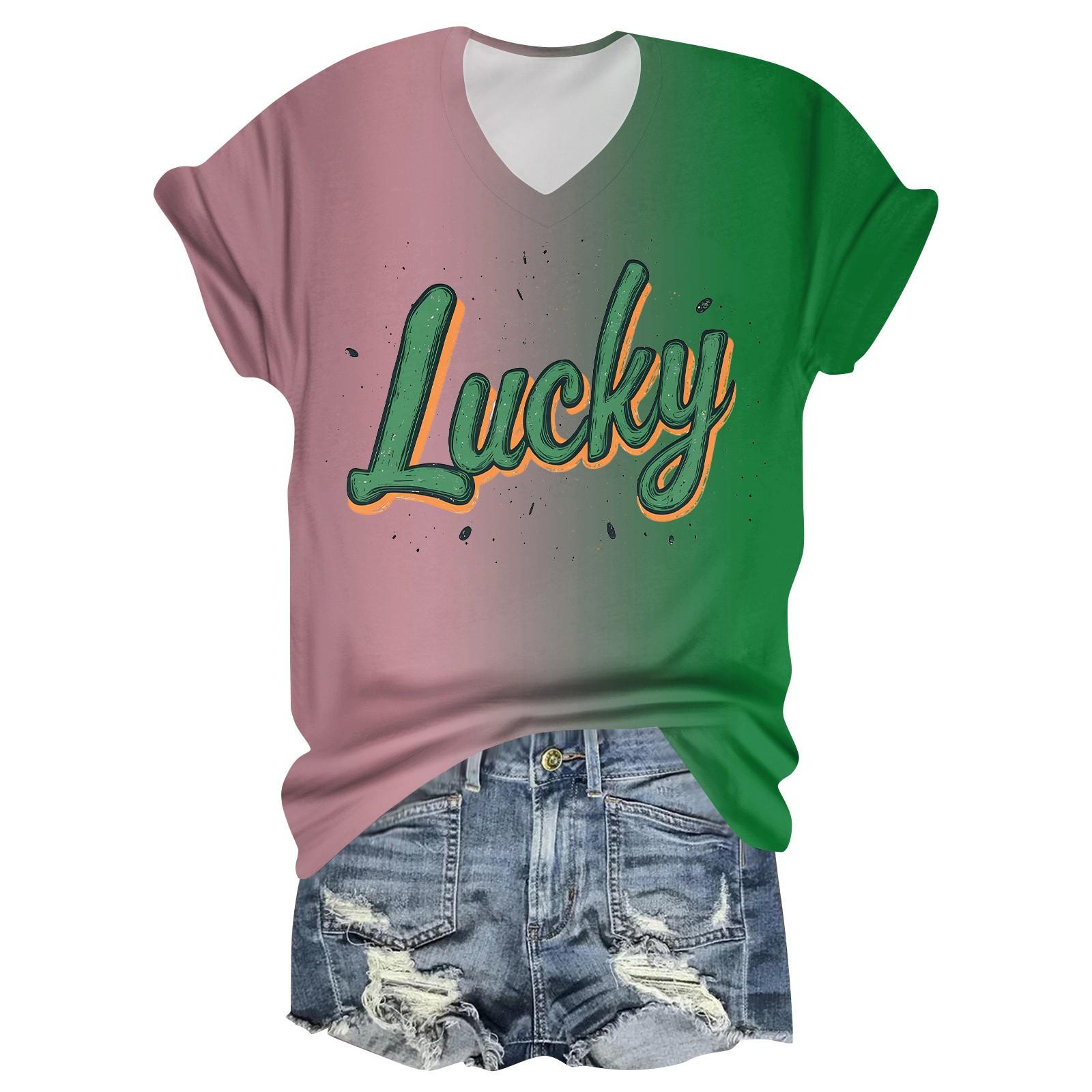 

Жіноча модна повсякденна футболка з принтом, V-подібним вирізом та коротким рукавом XXXXL рожевий