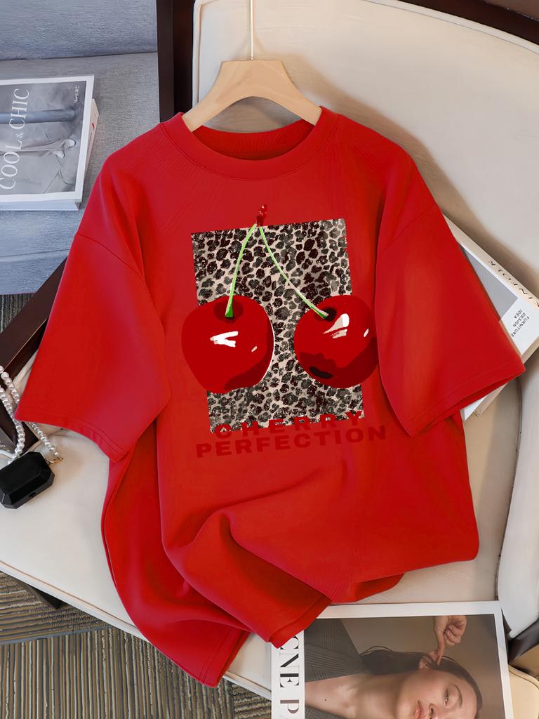 Fashion Leopard And Cherry Perfection Pattern T Shirt Women Summer Soft Tops Cotton All-Match Short Sleeve O-Neck Loose T-Shirts