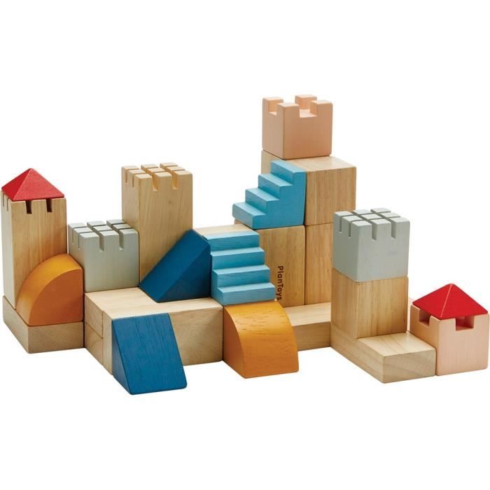 Blocs créatifs en bois - PLAN TOYS - 40 pièces - 12 blocs de couleur - 18 blocs de couleur naturelle