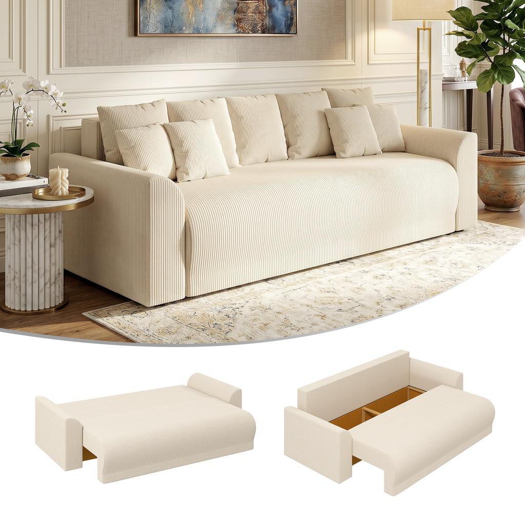 Sleeper Sofa 230 Cm 3-Seater Sofa with Sleep Function, Cushions, Storage, Corduroy Look for Living Room, Beige