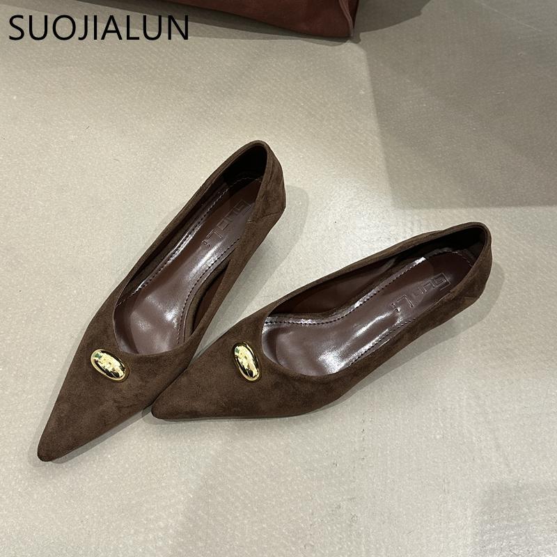 Fashion SUOJIALUN 2025 New Brand Women Pumps Shoes Fashion Pointed Toe Shallow Slip On Boat Shoes Thin Med Heel Outdoor Dress Pumps