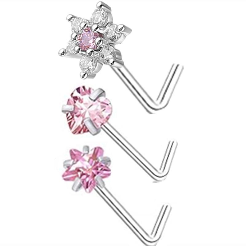 3PC Stainless Steel Flower Nose Piercing Stud Set L Shape Pink Nose Ring Studs Pack Indian Nose Jewelry Bulk Piercing Nariz Lote