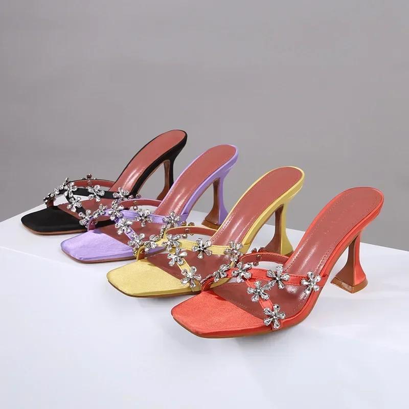 Fashion Shiny Crystal Flowers Decorative Women's Sandals 2025 Elegant High Heeled Slide Sandals for Women Cross Strap Summer High Heels
