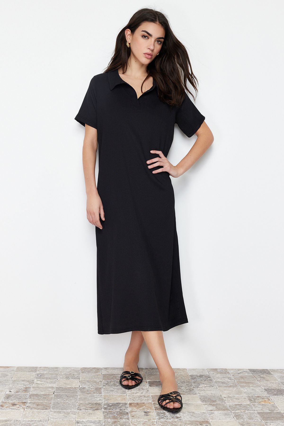 

Women s Fashion Black Polo Neck Short Sleeve Midi Twist Textured Knitted Dress L