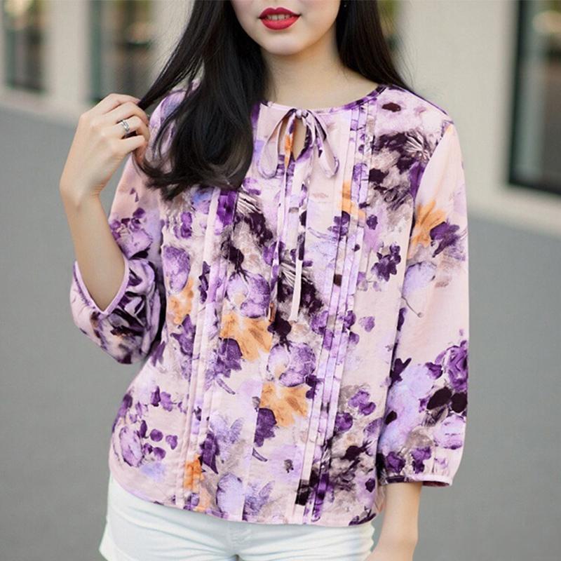ZANZEA Women Casual Round Neck 3/4 Sleeve Loose Floral Print Blouse