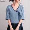 Women Casual Plaid Print V-Neck Loose Half Sleeve Blouse