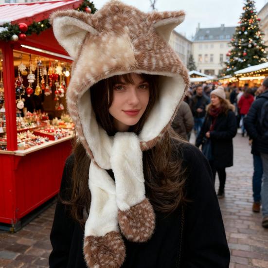 Winter Hat with Ear Flap Scarf Cartoon Deer Design Ear Protection Hat Skiing Camping Travel Headwear