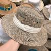Travel Natural seagrass hollow flat brim hat ladies summer porkpie concave round sun hat beach straw hat with ribbon sale