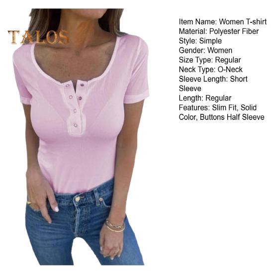 Dame T-skjorte O-hals Knapper Halv knepping Kort ermet T-skjorte Ensfarget Slim fit Pullovertopper Hverdagsbruk