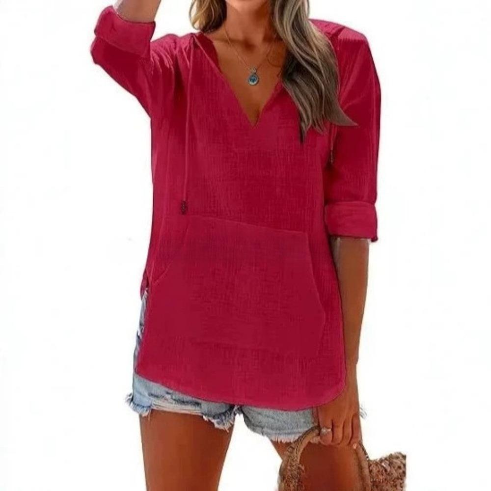 Spring and Summer Beach Cover-Up Hooded Long-Sleeved V-Neck Pockets Hooded Shirt for Women