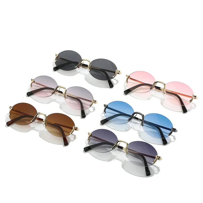 Sunglasses for Women Summer Rimless Vintage Glasses Golden Frame Oval Fashion Shades Pink Women Eyewear UV400 Oculos