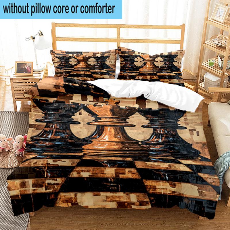 Golden Chess King On Black 3pcs Bedding,Including 1pc Duvet Cover And 2pcs Pillowcases Perfect for Christmas,Ideal for Bedroom, Dormitory