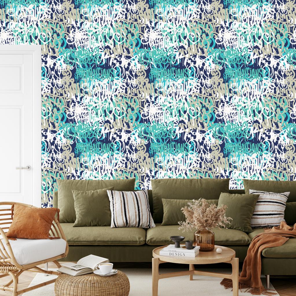 Graffiti Wallpaper In Shades of Blue for Living Room and Bedroom 50x1000