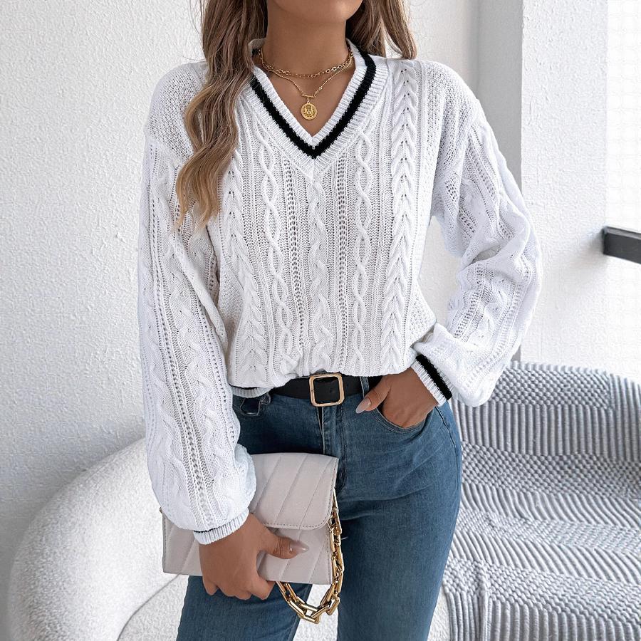 Autumn New Style College Style Patchwork V-Neck Cable Knit Long Sleeve Sweater Women's Clothing