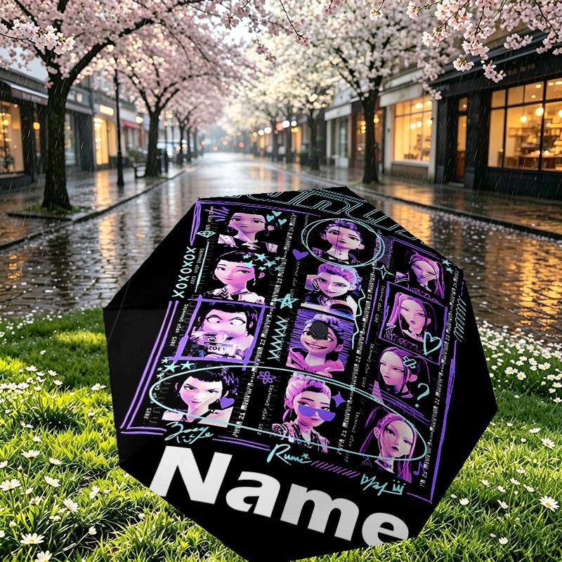 Custom Name Personalized KPop Demon Hunters Print Umbrella, Auto Open Close, 8‑Rib Sturdy Frame, Commute Camping Hiking Use, Birthday Gift