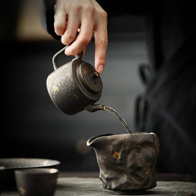Japanese Rust Glazed Pottery Teapot Retro Sprinkle Gold Gilded Pot Household Tea Brewing Kettle with Infuser Cafes Accessories