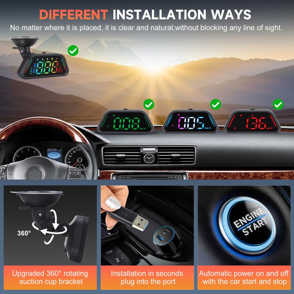Universal 360 Mount Display Modes Diverse Color Real-Time MPH/KMH Conversion Enhanced GPS Car HUD Speedometer For All Vehicles