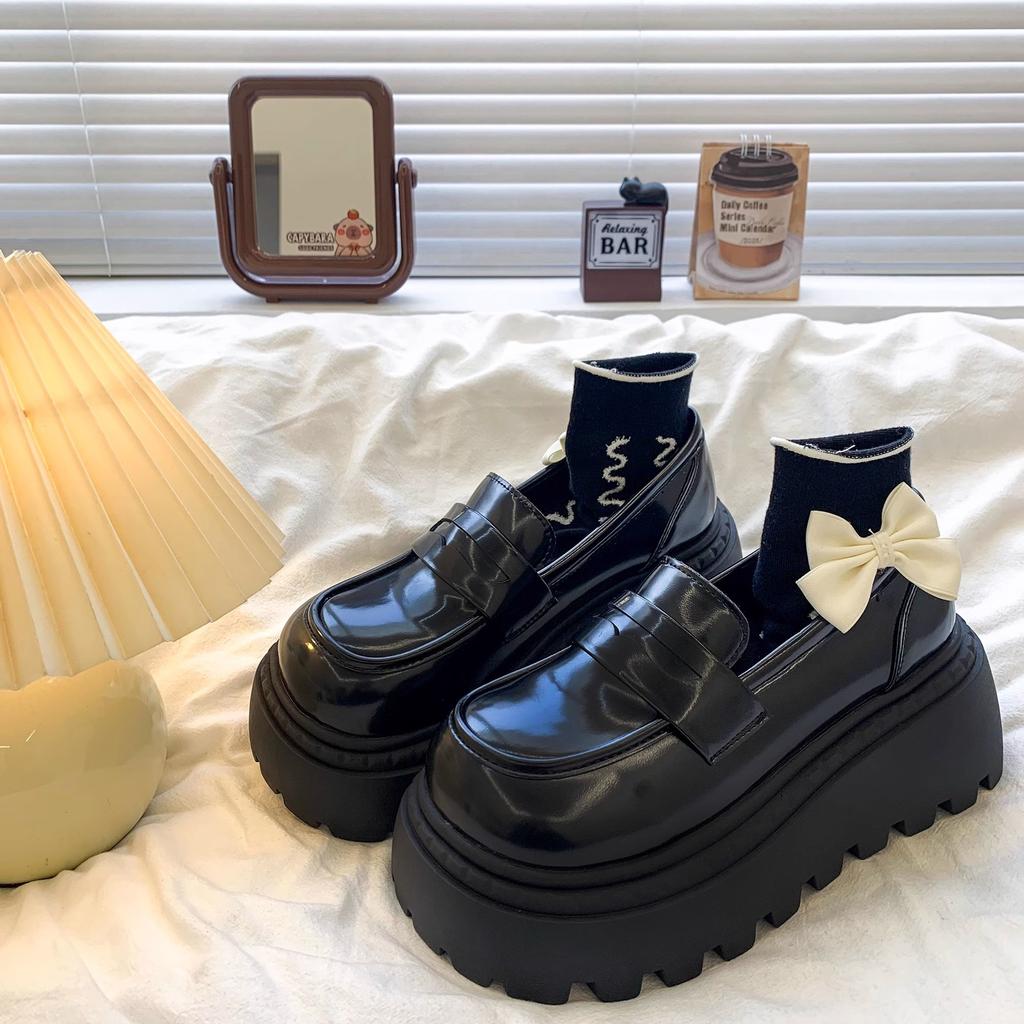 Platform Loafers Women's 2025 New Popular Shorty Music Increases the Height of British Style Small Leather Shoes, Black One-pedal Single Shoes