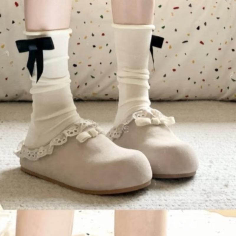 

Fashion Spring New Style Flat Shoes Women s Round Head Deep Mouth Cow Suede Butterfly Knot Soft Sole Anti-slip Wear Slippers 35