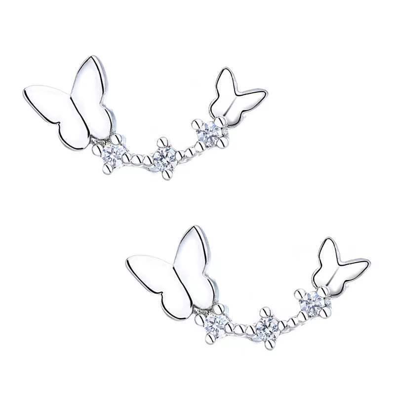 Beixi S925 Sterling Silver Rhinestone Butterfly Earrings - Women's Korean Forest Style