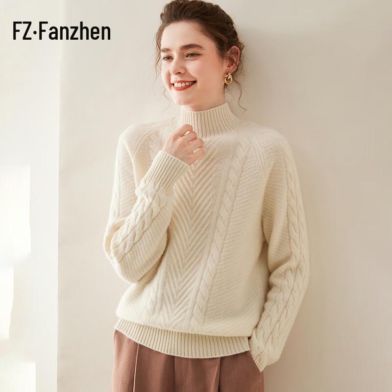 Fanzhen Damski Gruby Sweter z Mieszanki Kaszmiru z Półwysokim Dekoltem