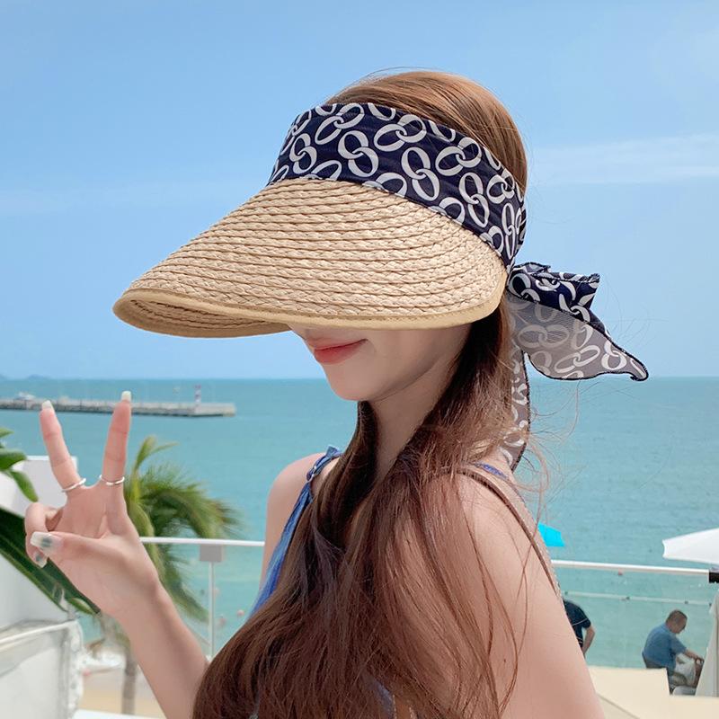 8551 Straw Hat Children's Summer Big Eaves Seaside Beach Sunscreen Sun Hat Fashion Bow Ribbon Empty Top Hat