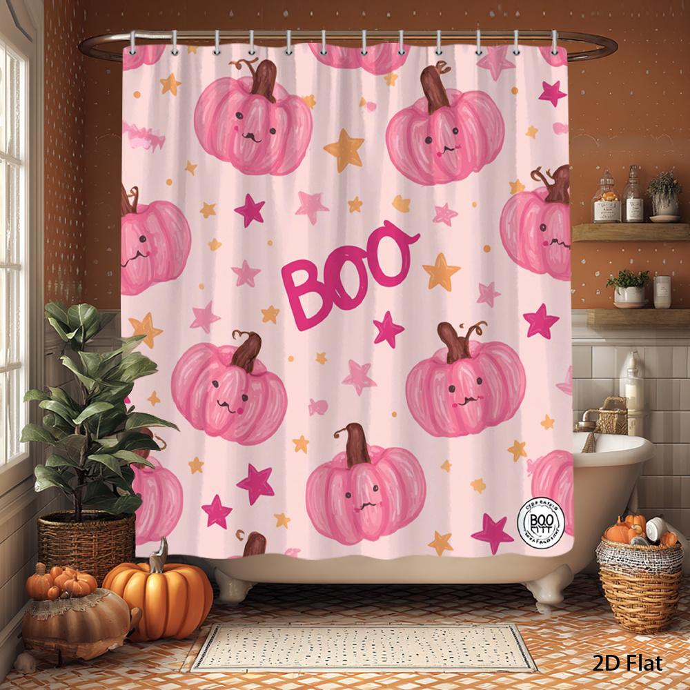 

1Pc Pink Pumpkin And Boo Star Pattern Shower Curtain, Polyester Fabric, Machine Washable, Suitable For Bathroom Decor. W60H190(CM)-1 Pcs