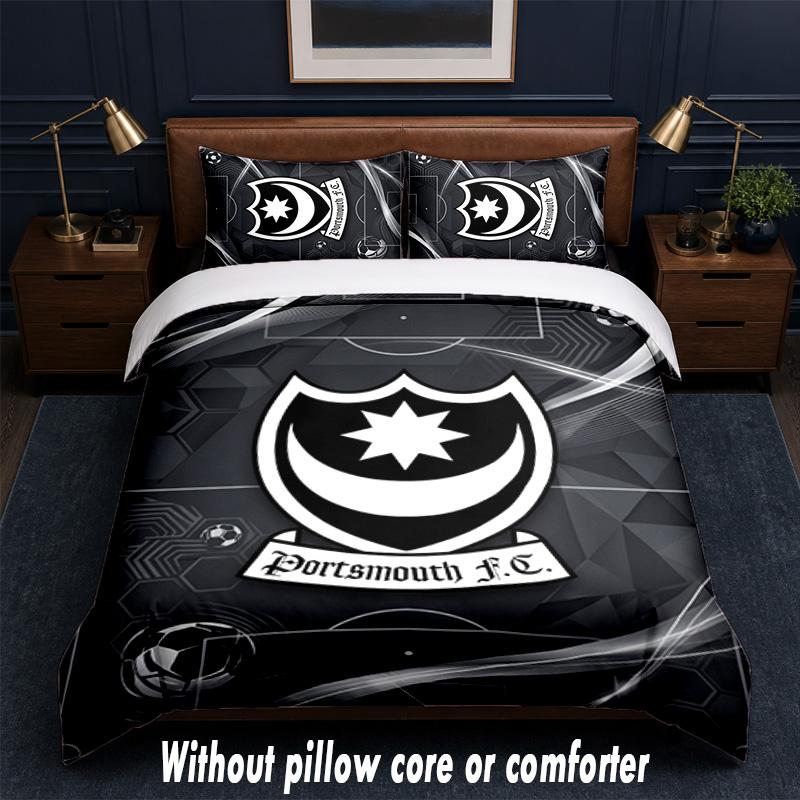 Portsmouth FC Design Bett Bettwäsche Set 1 Bettbezug + 2 Kissenbezüge Weich Atmungsaktiv Haushalt Bettwäsche
