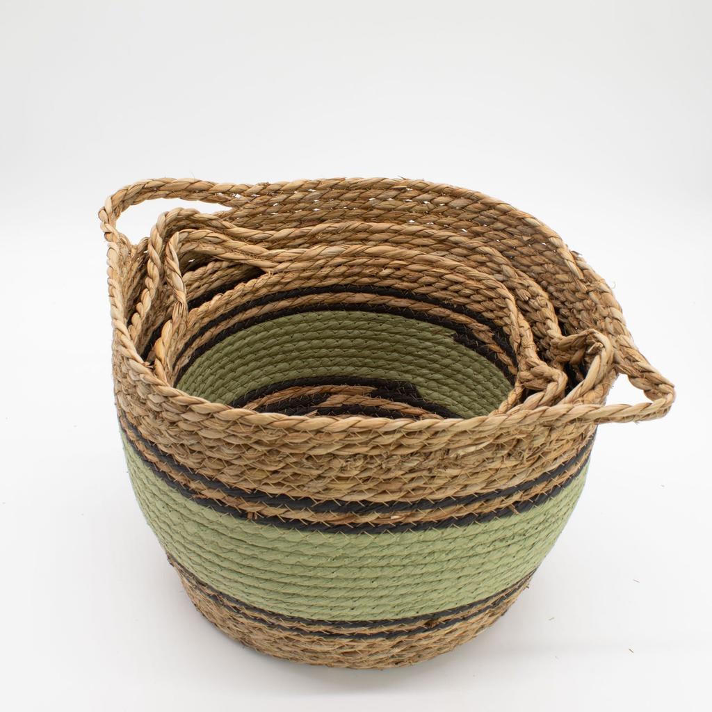 Cotton & Seagrass Large Baskets – Natural Black & Green- Set of 3