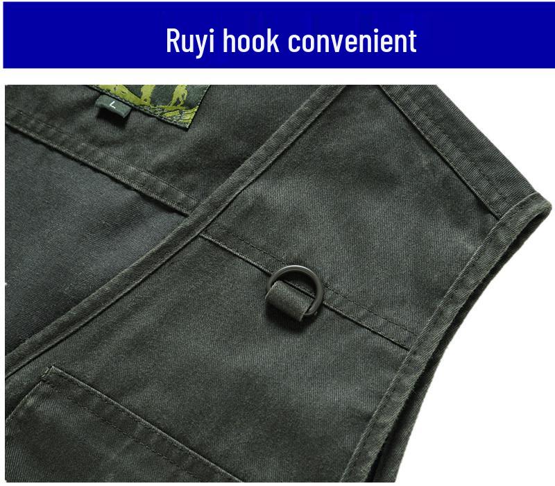 Men's Army Green Multi-Pocket Cotton Tank Top, Plus Size 10XL, Spring/Autumn Wear