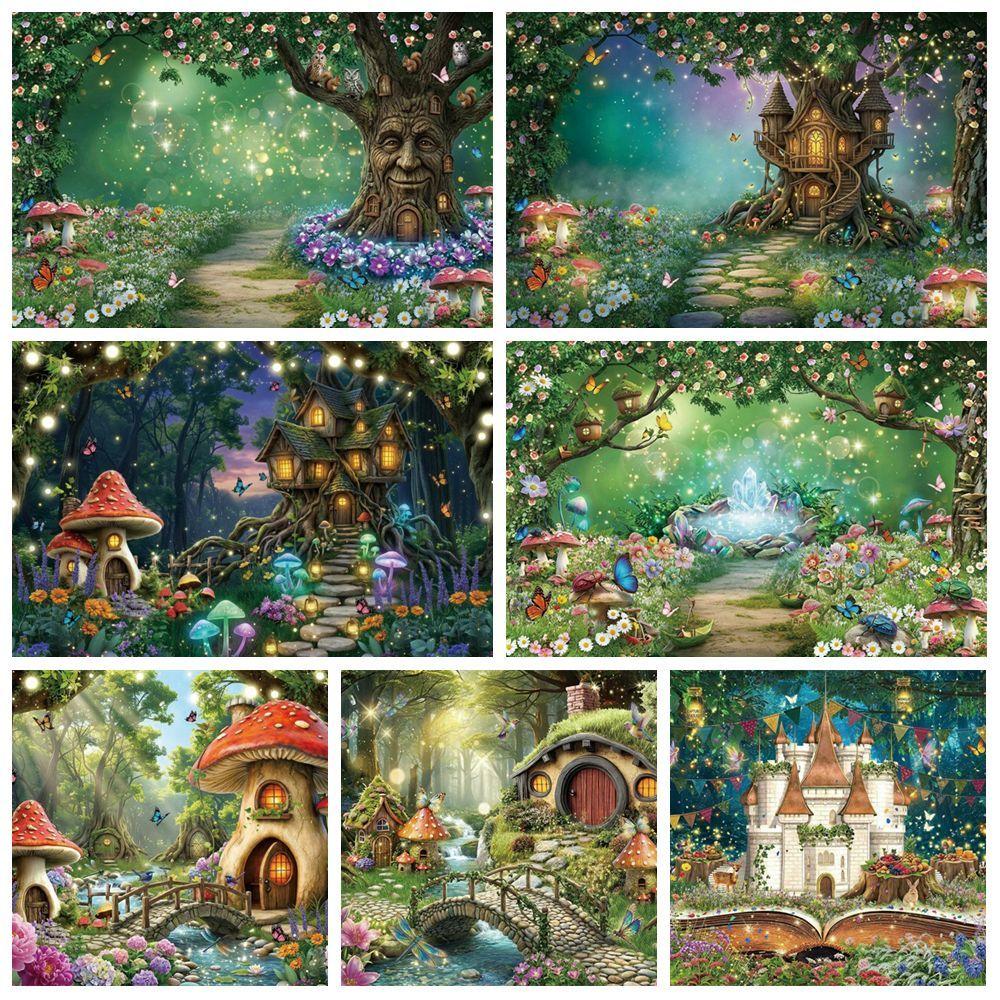Dreamy Fairy Tale Forest Mushroom House Photography Background Cloth - Children's Birthday Party Decorative Wall Background