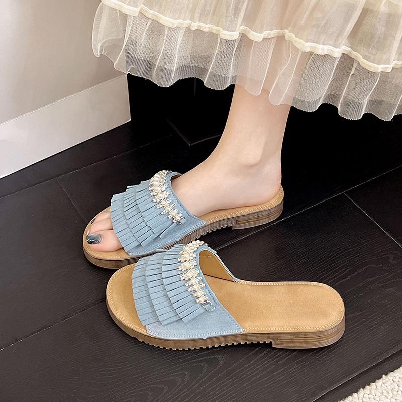 Fashion Pearl Retro Fashion Tassel Flip Slippers Women Summer Outside Wear Casual Flat Comfortable Slip-on Slippers