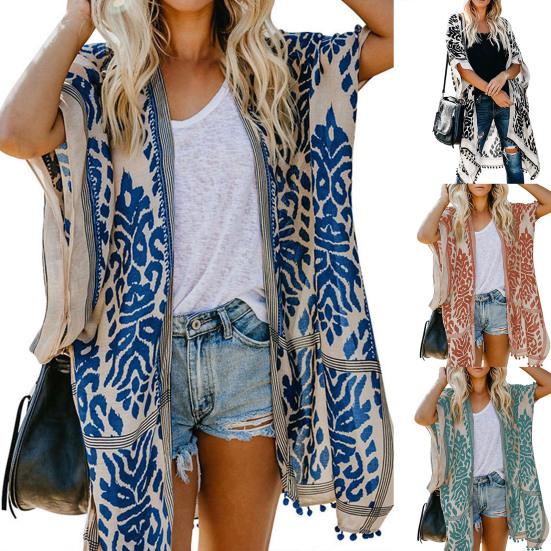 Tassle Ball Sun Protection Swimsuit Cardigan Half Sleeve Women Boho Printed Beach