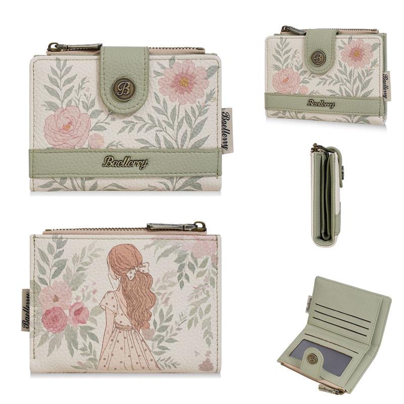 Baellerry Flowers Print Women Fashion Short Wallets Artificial Leather Zipper Coin Purse Money Pack