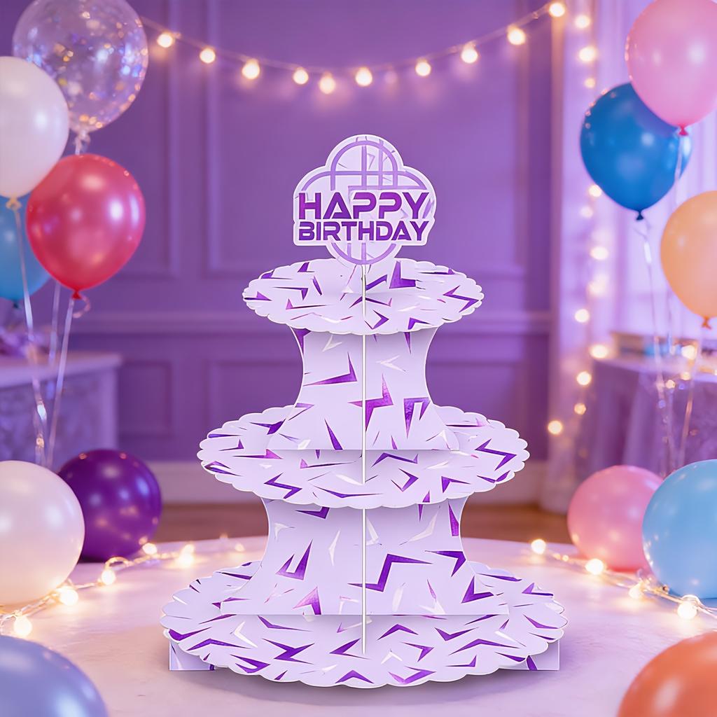 1 Set Non-food Contact 3-Tier Party Cupcake Stand Purple Lightning Design Music Themed Party Birthday Decor Festive Supplies