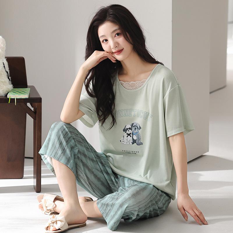 Pajamas women's summer thin Modal cotton short-sleeved cropped pants 1011 new floral loungewear cotton and silk suit