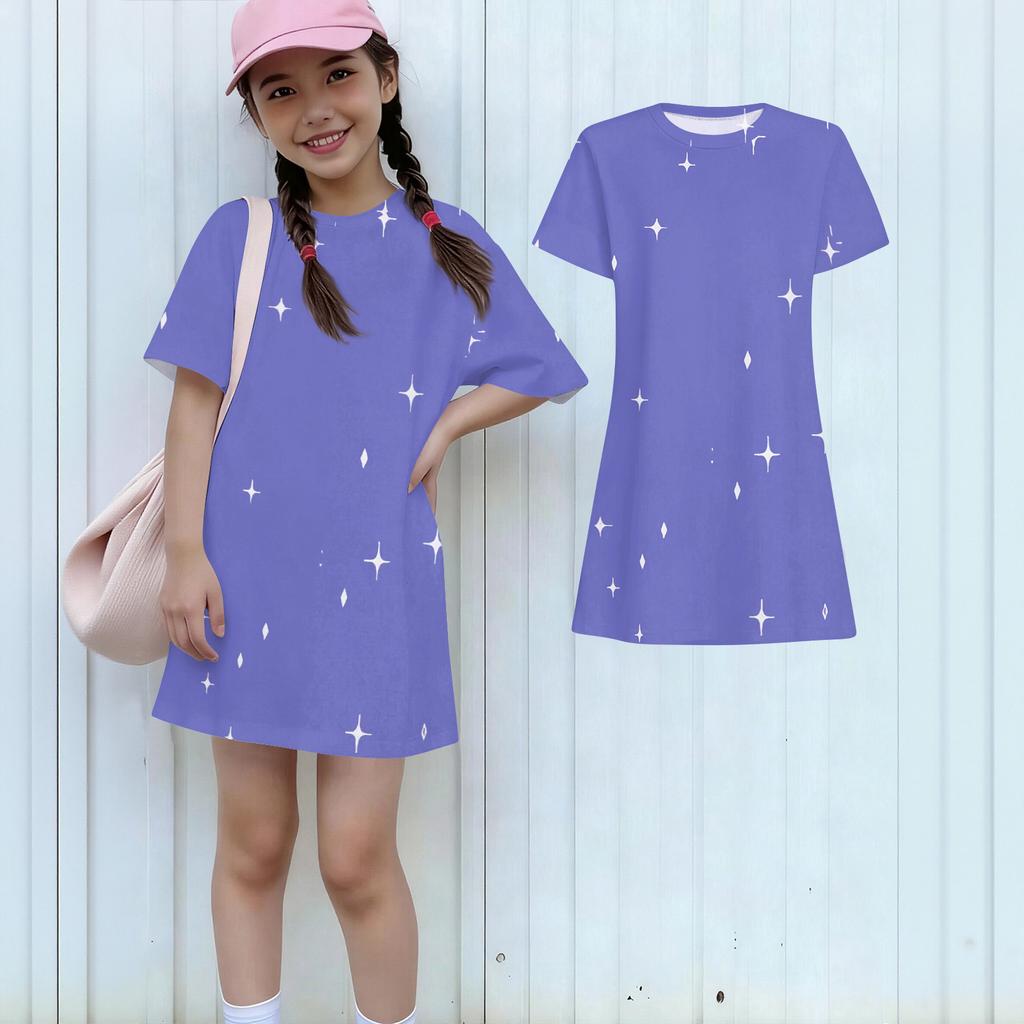 Girls Print Casual Dress Kids Loose Round Neck Short Sleeve Thin Sundress