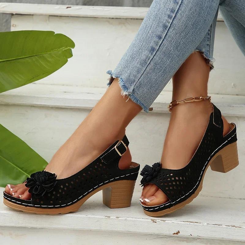 Fashion Summer Sandles for Women Fashion Flowers High Heels Sandals Women Back Strap Hollow Out   Plus Size Thick Heeled Sandalias Mujer