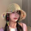 Foldable Straw Hat Color Wood Beads Sunshade Hat New Sun Cap