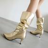 Chic Boots 2026 Womens Slouchy Mid Calf Boots Stiletto High Heel Leather Booties Pointed Toe Pull On Fall Winter Shoes For Women